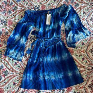 Tie dye blue off the shoulder dress with belt